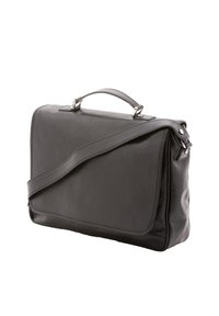 Borsa a tracolla in pelle nera di forma rettangolare, con manico superiore e tracolla rimovibile. Texture liscia con accessori in argento.