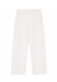 Weite, weiße Hose aus glattem Material mit elastischem Bund, minimalistisches Design ohne sichtbare Verschlüsse oder Taschen.