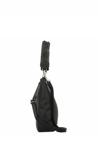 Borsa a tracolla in pelle nera con una superficie testurizzata, una maniglia intrecciata unica e una tracolla removibile. Presenta dettagli in metallo argentato.