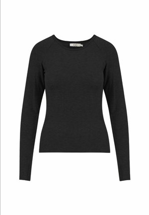 Sort langærmet top lavet af blødt stof med rund hals og raglanærmer for en tætsiddende silhuet. Glat tekstur over det hele.