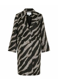 Lang uldfrakke med sort og grå zebra striber, klapkrave, to frontlommer med klaffer og lukning med to sorte knapper.
