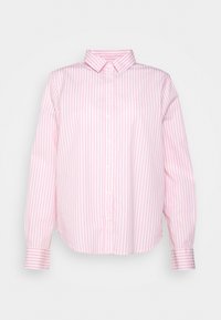 Růžovo-bílá pruhovaná košile se zapínáním na knoflíky, klasickým límečkem, dlouhými rukávy a volným střihem; materiál působí hladce a lehce.