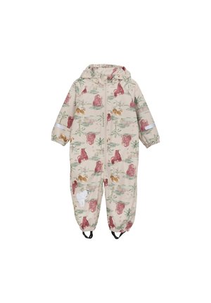 Combinaison imperméable pour enfants, beige avec un imprimé animal, mettant en avant des ours roses, des tigres et un éléphant blanc ; poignets élastiques et fermeture éclair à l'avant.