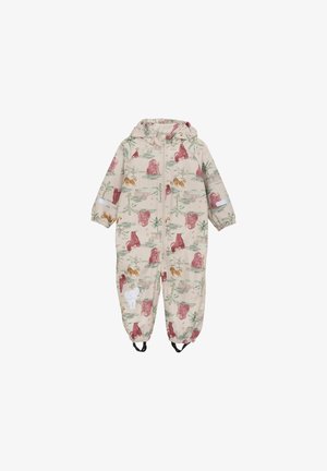 Børnes vandtætte heldragt, beige med dyreprint, der har pink bjørne, tigre og en hvid elefant; elastiske cuffs og en frontlynlås.