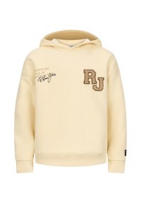 Kremowa bluza z kapturem wykonana z miękkiego materiału, posiada kieszeń typu kangur, ściągacze na rękawach oraz teksturowaną naszywkę "RJ" z nadrukowanymi akcentami na przodzie.