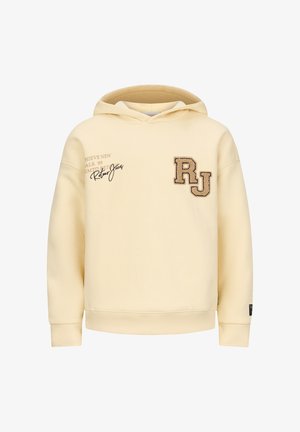Cremefarbene Kapuzenjacke aus weichem Stoff mit einer Kängurutasche, gerippten Bündchen und einem strukturierten "RJ"-Patch auf der Vorderseite mit bedruckten Akzenten.
