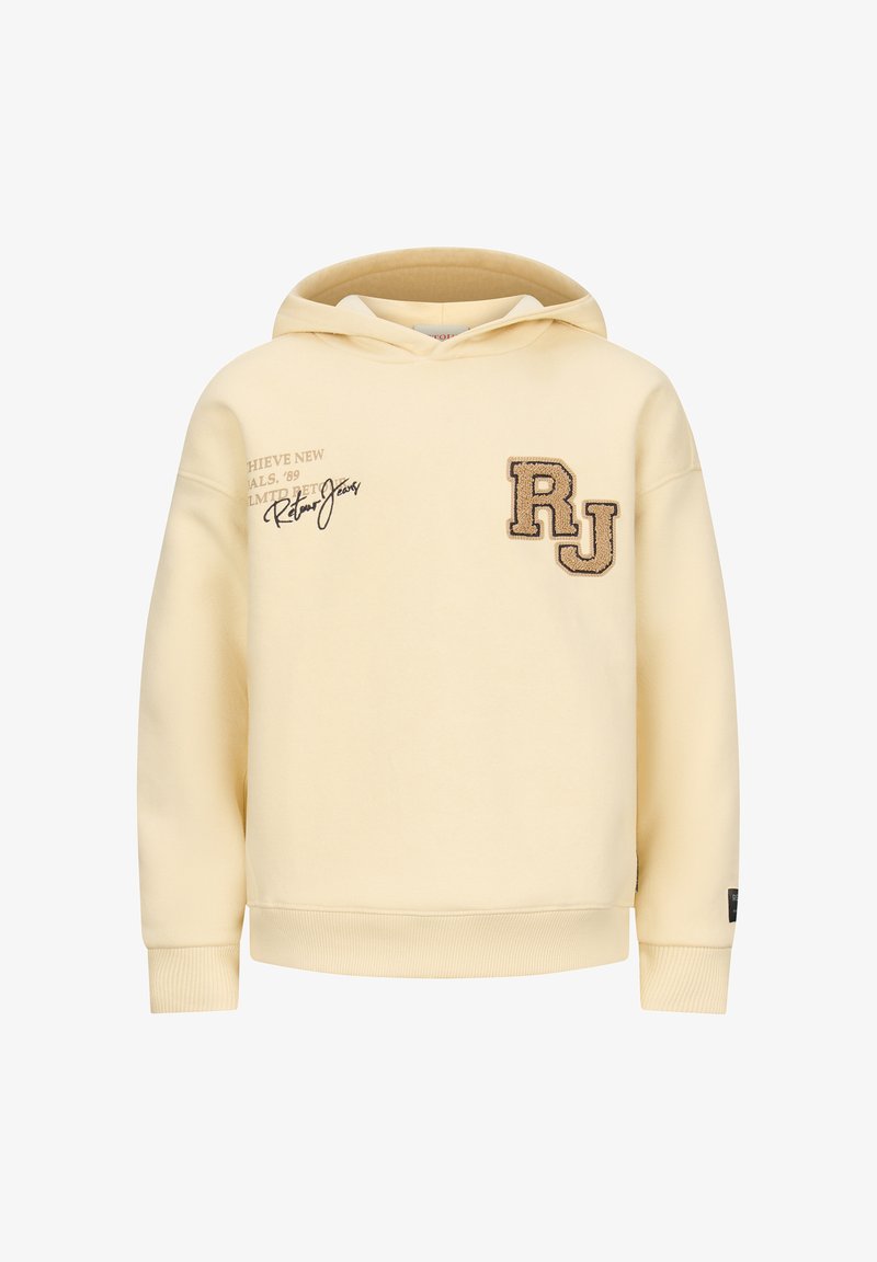 Felpa crema realizzata in tessuto morbido, presenta una tasca a marsupio, polsini a costine e una toppa testurizzata "RJ" sul davanti con accenti stampati.