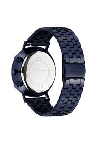 Navyblaues Armbanduhr aus Edelstahl mit einem Gliederarmband-Design, silberfarbener Rückseite und drei Druckknöpfen an der Seite. Wasserdicht, Modell 0428.