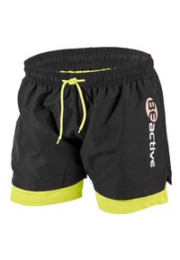 Schwarze Badeshorts mit gelbem Kordelzug, ausgestattet mit einem reflektierenden Logo in Weiß und kontrastierenden gelben Akzenten am Saum.