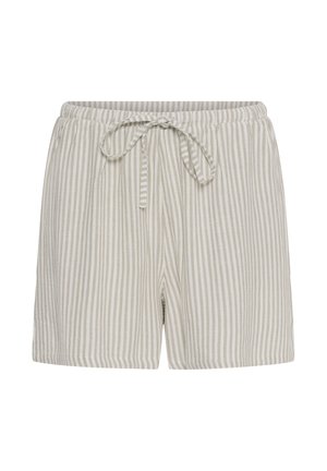 Shorts décontractés à rayures verticales beiges et blanches, avec une ceinture élastique et un cordon de serrage noué à l'avant.