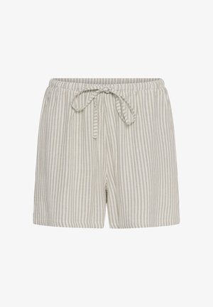 Shorts décontractés à rayures verticales beiges et blanches, avec une ceinture élastique et un cordon de serrage noué à l'avant.