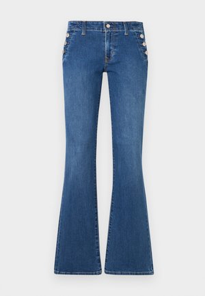 Jean évasé bleu avec une taille haute, une fermeture à boutons devant et des boutons argentés décoratifs sur les poches latérales.