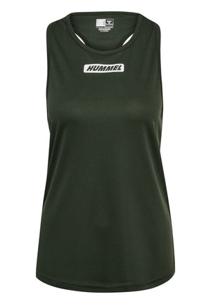 Camiseta de tirantes deportiva verde oscuro con cuello redondo y logo blanco de HUMMEL centrado en el pecho.
