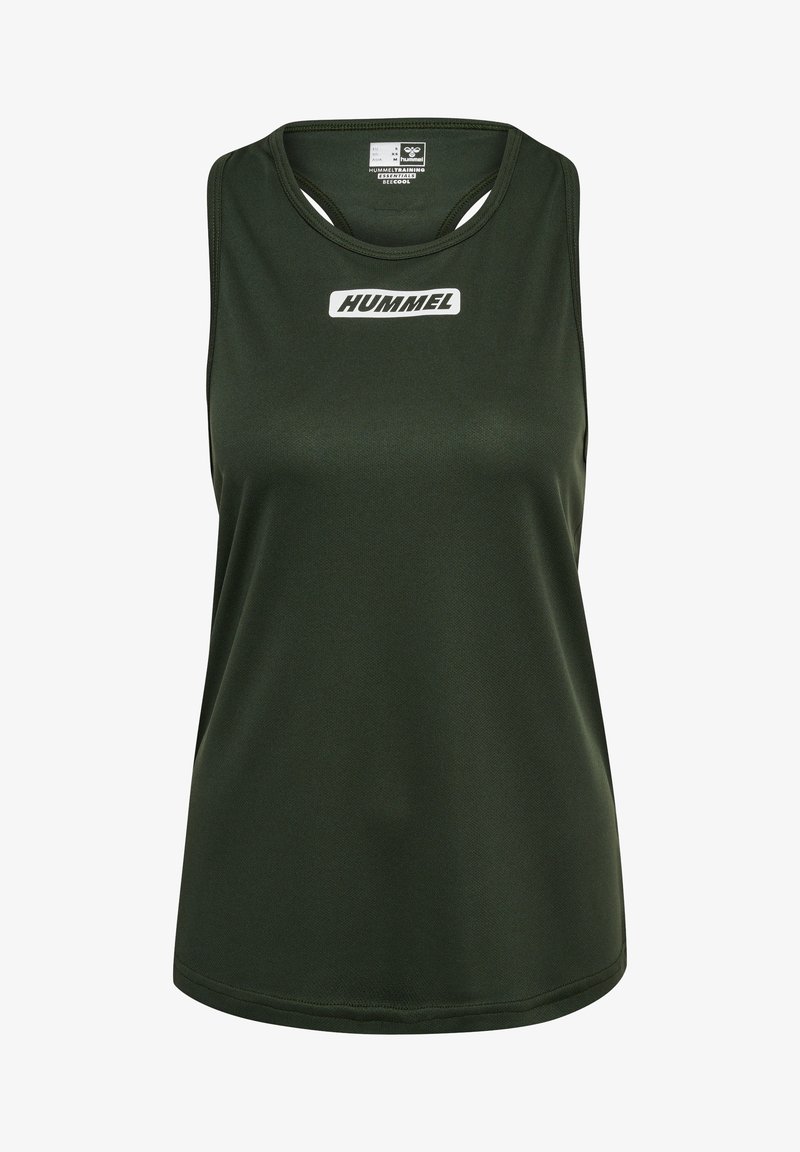 Débardeur de sport sans manches vert foncé avec col rond et logo HUMMEL blanc centré sur la poitrine.