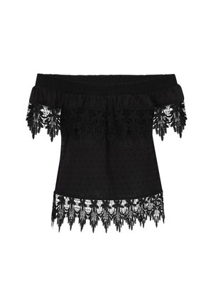 Černý top bez ramínek s texturovanou tkaninou s puntíky a složitou krajkovou lemovkou na spodním okraji. Měkký a lehký materiál.