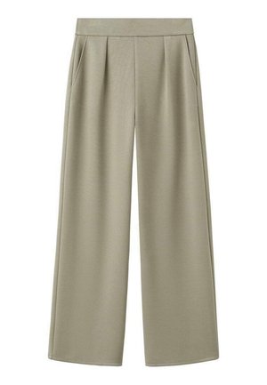 Pantalon à jambes larges en tissu gris-vert clair, doté d'une texture lisse, de plis à l'avant et de poches latérales avec une ceinture élastique.