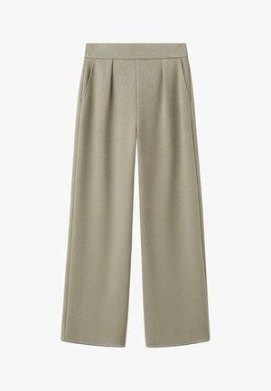 Pantalon à jambes larges en tissu gris-vert clair, doté d'une texture lisse, de plis à l'avant et de poches latérales avec une ceinture élastique.