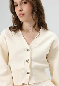 Roomkleurig gebreid vest met een V-hals, voorzien van zilveren knopen en een cropped pasvorm. De stof heeft een gestructureerd, geribd patroon.