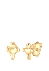 Boucles d'oreilles en or en forme de croix, avec un accent en forme de cœur au centre. Fini poli avec une texture lisse.