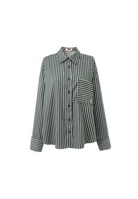 Green and white striped button-up shirt, featuring a chest pocket, collared neckline, long sleeves, and a relaxed fit.