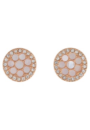 Runde Ohrringe mit einem Roségold-Finish, die abwechselnd glänzende klare Kristalle und glatte weiße Steine in einem kreisförmigen Muster aufweisen.
