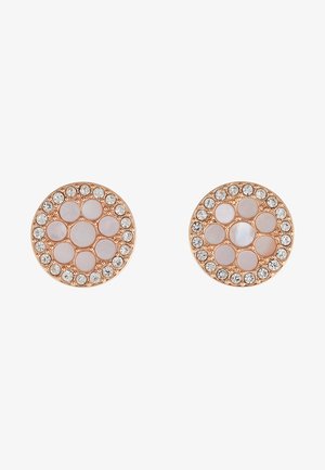 Orecchini tondi con rifinitura in rosè, caratterizzati da una disposizione circolare di cristalli trasparenti lucidi e pietre bianche lisce alternate.