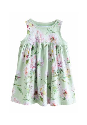 Ärmelloses, hellgrünes Kleinkindkleid mit pinkem und weißem Blumenmuster, gerafftem Bund und rundem Kragen.