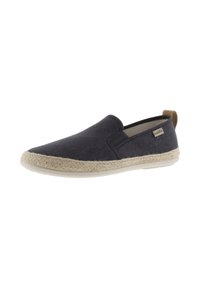 Scarpa espadrille slip-on di un blu scuro con suola in juta intrecciata e linguetta beige sul tallone, dotata di un piccolo etichetta laterale in tessuto.