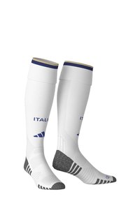 Weiße kniehohe Sportsocken mit marineblauen Akzenten, strukturierter Stoff, verstärkter Ferse und Zehenbereich, mit dem in Blau gedruckten Schriftzug "ITALIA".