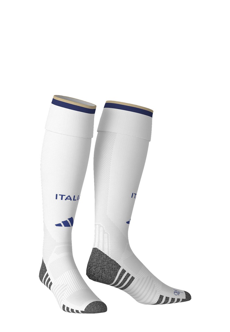 Weiße kniehohe Sportsocken mit marineblauen Akzenten, strukturierter Stoff, verstärkter Ferse und Zehenbereich, mit dem in Blau gedruckten Schriftzug "ITALIA".