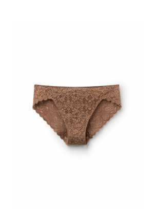 Spitzen-Bikiniunterwäsche in Hellbraun mit Blumen- und Diamantmustern, gewelltem Rand und nahtlosen Seiten für zusätzlichen Komfort.