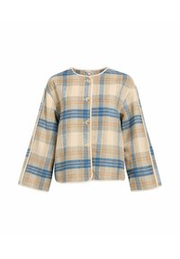 Giacca a quadri nei toni beige, blu e arancione, con collo tondo, maniche lunghe e cinque bottoni frontali. Tessuto morbido e texturizzato.