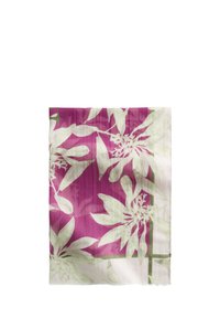 Floral scarf featuring a vibrant purple background with large, light green leaf and flower patterns, finished with a fringed edge.