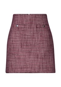 Mini falda de tweed en burdeos con un patrón texturizado, que cuenta con dos bolsillos delanteros y acentos en tono plateado.
