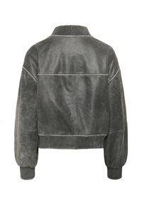 Gray leather bomber jacket with a ribbed collar and cuffs. Features a cropped design and visible stitching details. Smooth texture throughout.