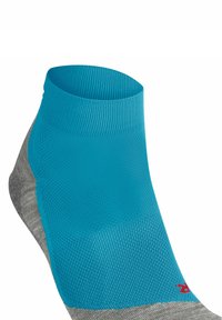 Calzino alla caviglia con parte superiore turchese realizzata in tessuto testurizzato e parte inferiore grigia, con un dettaglio del logo rosso sul lato.