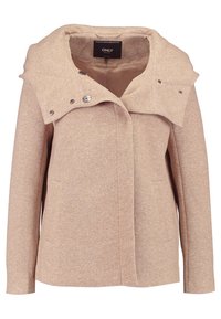 Beige, tekstureret jakke med brede kraver, trykknaplukning og sidelommer. Har en blød inderside for komfort.
