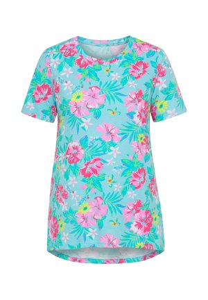 Sininen lyhythihainen T-paita, jossa on värikäs kukkakuosi, jossa on vaaleanpunaisia, punaisia, keltaisia ja valkoisia kukkia vihreine lehtineen.
