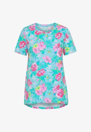 Niebieska koszulka z krótkim rękawem z kolorowym kwiatowym wzorem, na którym znajdują się różowe, czerwone, żółte i białe kwiaty oraz zielone liście.