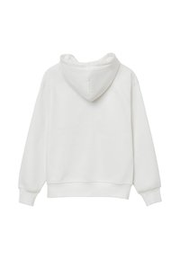 Weißer Sweatshirt, weicher Stoff, Kapuze, gerippte Bündchen und Saum, lockere Passform, glatte Textur, keine sichtbaren Logos oder Muster.