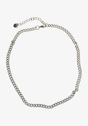 Zilveren metalen ketting met onderling verbonden schakels, een karabijnsluiting en een verstelbare kettinguitbreiding voor maatflexibiliteit.