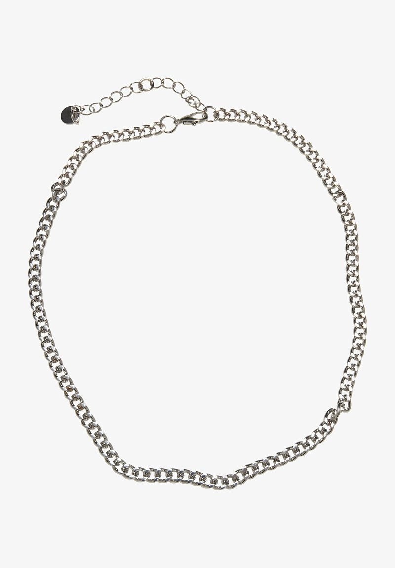 Hopeaketju, jossa on toisiinsa kytkeytyviä lenkkejä, valmistettu hopeametallista. Kaulaketjussa on hummerisuljenta ja säädettävä pituus, mikä mahdollistaa koon muokkaamisen.