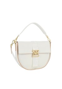 Borsa a tracolla in pelle bianca con forma arrotondata, hardware dorato e una tracolla centrale con logo. Include una tracolla rimovibile.