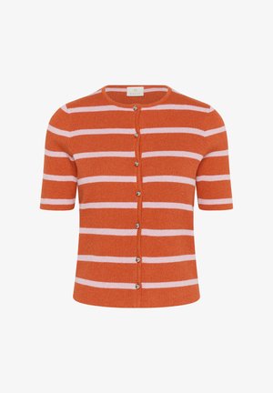 Cardigan à rayures orange et blanches, à manches courtes, avec un col rond et des boutons sur le devant. Texture côtelée et design ajusté.