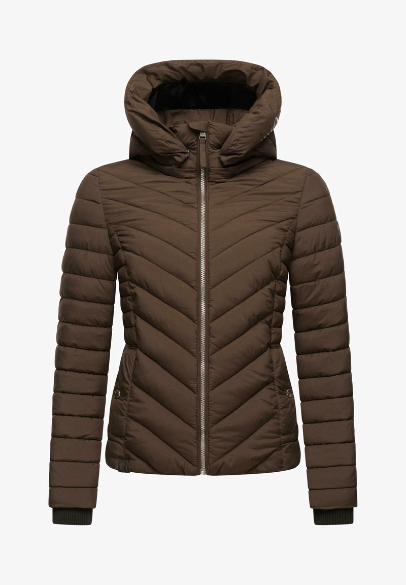 Brązowa puchowa kurtka z wzorem w zygzak, kapturem, zamkiem z przodu i ściągaczami na rękawach. Materiał jest gładki i ocieplający.