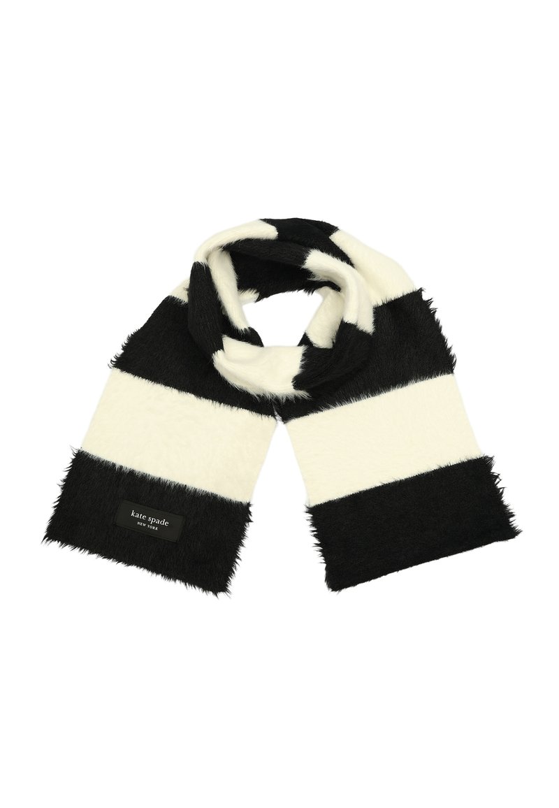 Black and white striped scarf made of soft, fluffy material. Features a black label with "kate spade" text at one end.