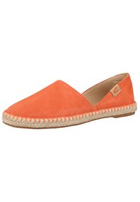 Orange Wildleder-Espadrille-Ballerina mit juteumwickelter Sohle und genähten Details, ausgestattet mit einem kleinen, hellbraunen Markenetikett nahe der Ferse.