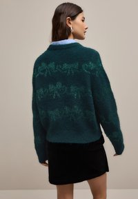 Zeleni pleteni pulover z mehkimi vlaken, z okrasnim vzorcem v svetlejši zeleni barvi. Nošen preko modre srajce z ovratnikom in črne krila.