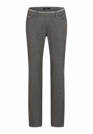 Graue, schmal zulaufende Hosen aus einem strukturierten Stoff, mit zwei vorderen Taschen, einem Knopfverschluss und einem subtilen Muster.