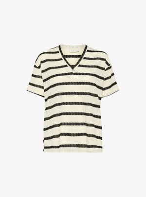 Top à col en V rayé en crème et noir. Présente une coupe ample et un tricot texturé. Manches courtes avec des rayures horizontales.